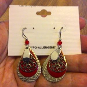 NEW. Modern Design Silver Red Earrings.